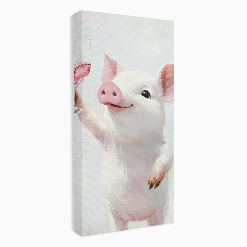 Tablou canvas cu tablou canvas cu purcelus si pahar de vin, fara rama, pe sasiu de lemn